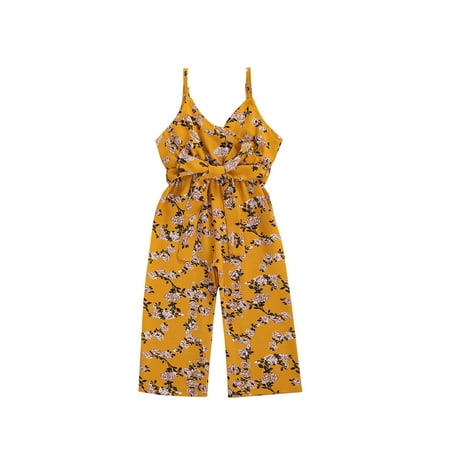 

luethbiezx Girl Romper Trousers No Sleeve Flower Printed Buttons Summer Lace-up