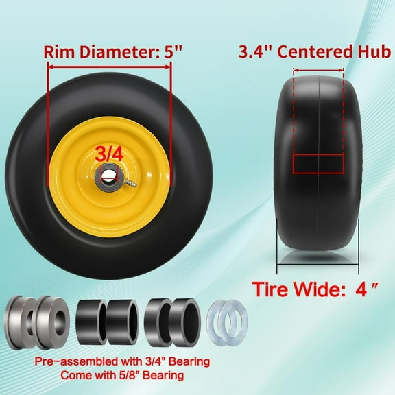 2 Pack 11x4-5 Flat Free Tire and Wheel for Zero-Turn Lawn Mowers - , Puncture-Proof, Smooth Rolling