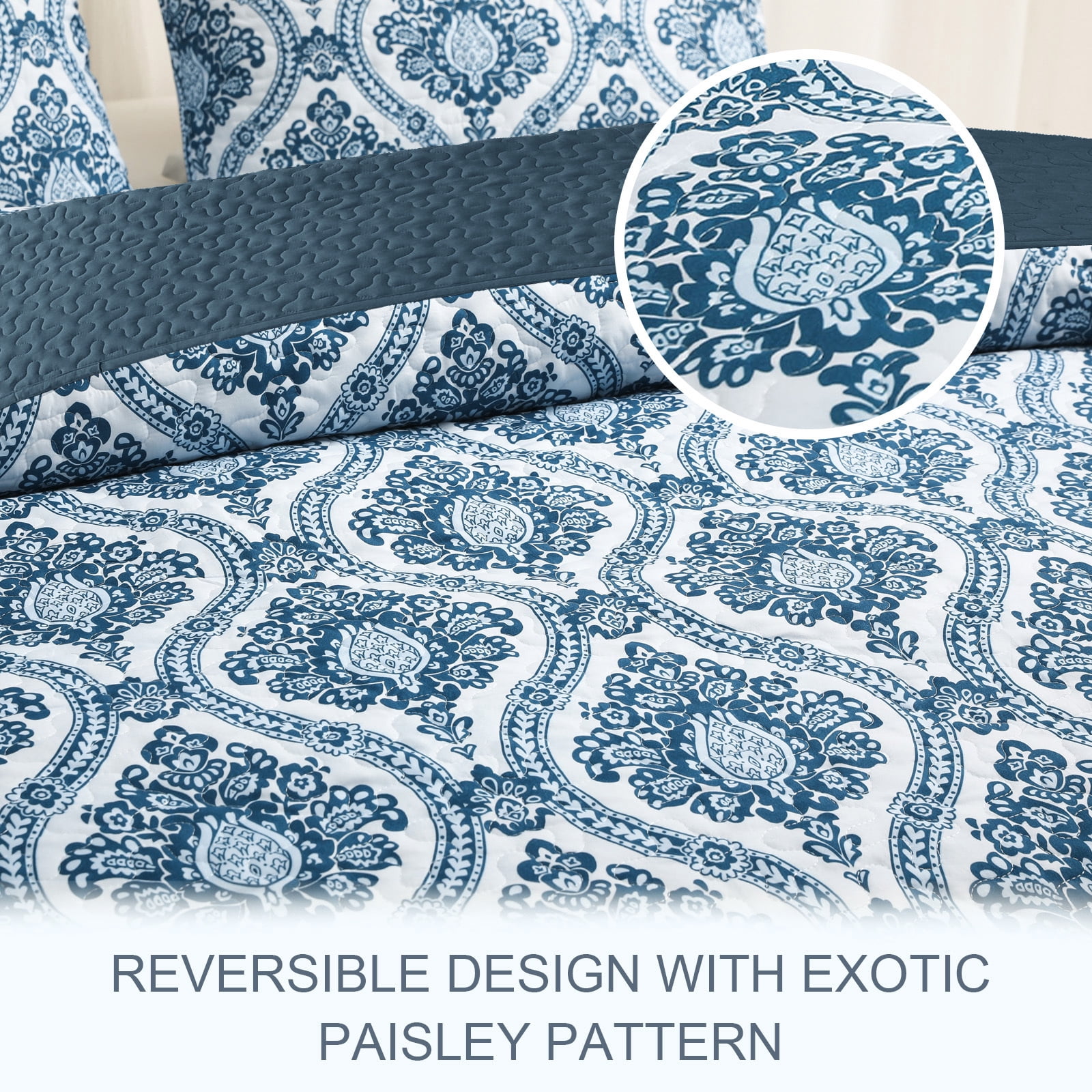 Exclusivo Mezcla 3 Pieces King Size Boho Damask Quilt Set, Microfiber Lightweight Bedspreads/ Coverlet/ Bedding Set with 2 Pillow Shams (96"x 104", Navy)
