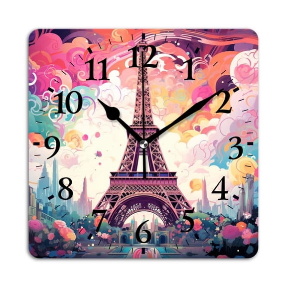 Non-Ticking Silent Wall Clocks Battery Operated Personalized Decor Clock for Living Room,Bedroom-Eiffel Tower Surrounded By Swirling Clouds Of Color(12inch)