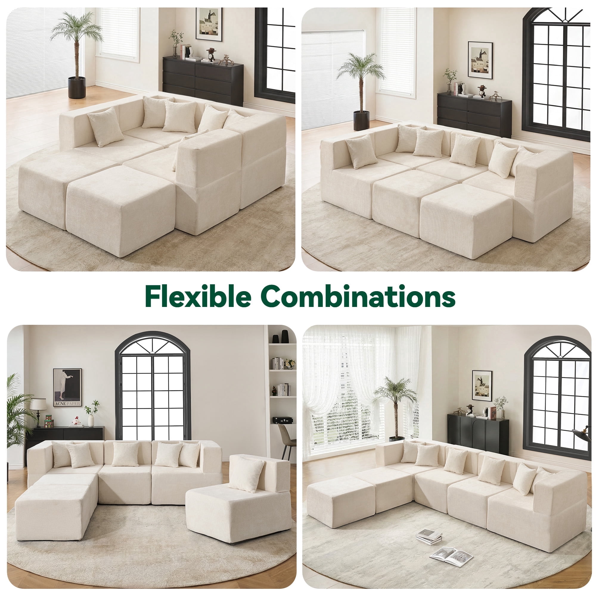 BEHOST 130" 6-Piece Modular Sectional Sofa with 2 Movable Ottomans, U-Shaped Cloud Couch for Living Room, Modern Chenille Deep Seat Sofa Set, Flexible Oversized Sleeper Couches,Beige