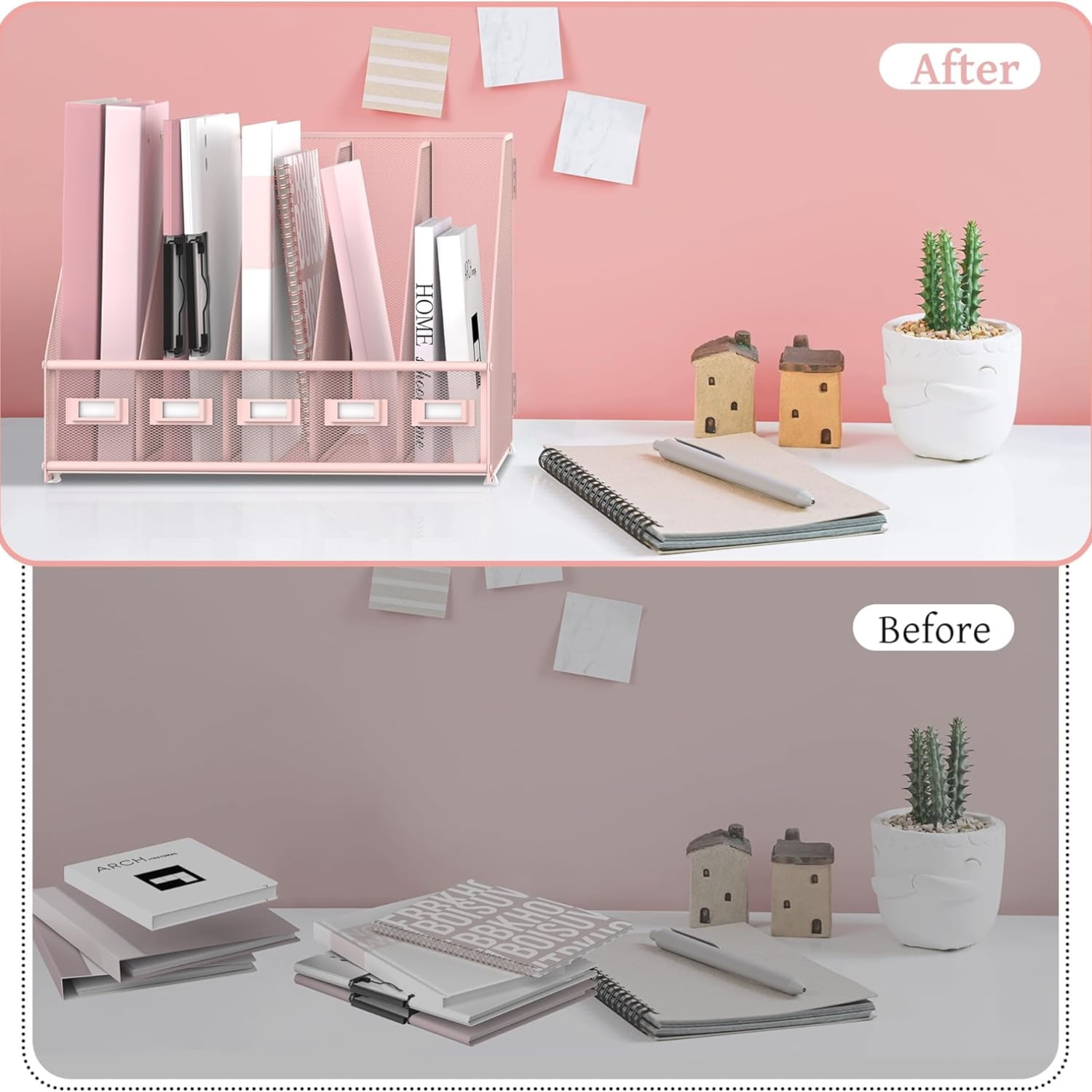 INTIGE Metal Mesh Desk Organizer Magazine File Rack with 5 Vertical Compartments, Pink, 1 Piece