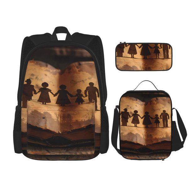 Disketp Vintage Family History Book Mochila Estampada de Gran Capacidad con Lonchera y Estuche, Set de 3 Piezas para Estudiantes