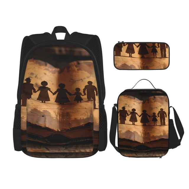 Disketp Vintage Family History Book Mochila Estampada de Gran Capacidad con Lonchera y Estuche, Set de 3 Piezas para Estudiantes