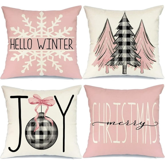 Christmas Pillow Covers 18x18 Set of 4 for Christmas Decorations Buffalo Plaid Christmas Tree Joy Snow Merry Christmas Pillows Winter Holiday Throw Pillows Christmas Farmhouse Decor for Couch Pink