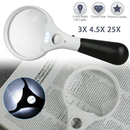 TSV Magnifying Glass [3X 4.5X 25X w/ 3 LED Lights] Handheld Magnifier for Reading Maps - Best for Jeweler Watch