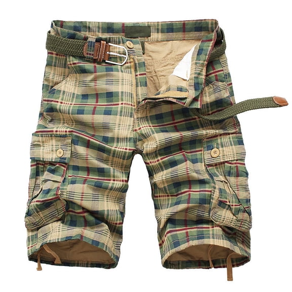 Ceisia Men's Gift Relaxed Plaid Cargo Shorts Mid-Rise Belt Waist Snap Button Drawstring Hem Shorts