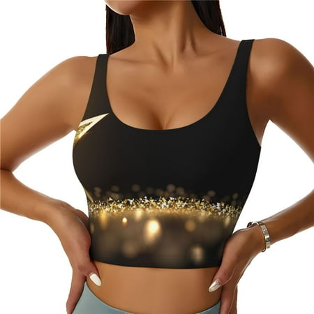 Adobk Gold Glittering Stars Print Sports Bras for Women Longline Workout Crop Tank Tops Padded with Built in Shelf Padded Sports Bra-X-Large