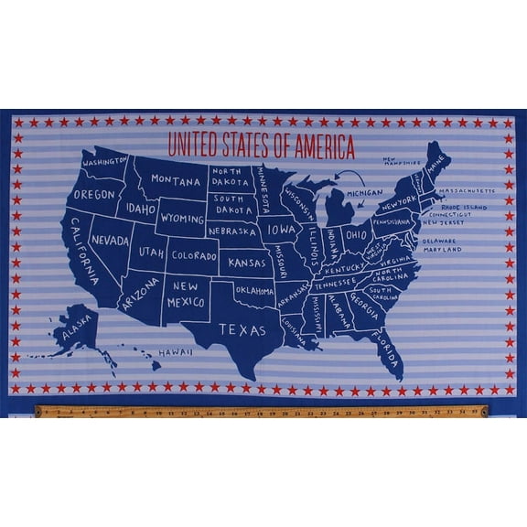 23.5" X 44" Panel United States of America Country Map State Names USA American Patriotic Red White and Blue Fourth of July Independence Day Stars & Stripes Cotton Fabric Panel (41607P)