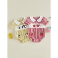 thumbnail image 3 of BemeyourBBs Baby Girl First Birthday Outfit One Years Old Birthday 1st Birthday Clothes Plaid Smocked Bubble Romper Bee Strawberry Embroidered Doll Collar Short Sleeve Infant Playsuit Jumpsuit, 3 of 9