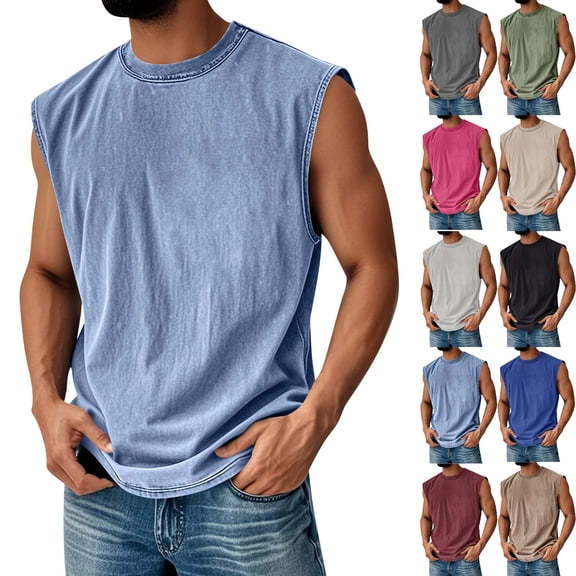 Zimjoy Acid Wash Sleeveless Shirts for Men Cotton Crew Neck Basic Workout Muscle Tank Tops Summer Relaxed Fit Plain Tshirts Royal Blue L