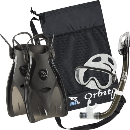 IST Orbit Snorkeling Gear Set: Tempered Glass Mask, Dry Top Snorkel & Trek Fins for Compact Travel (Black, Small)