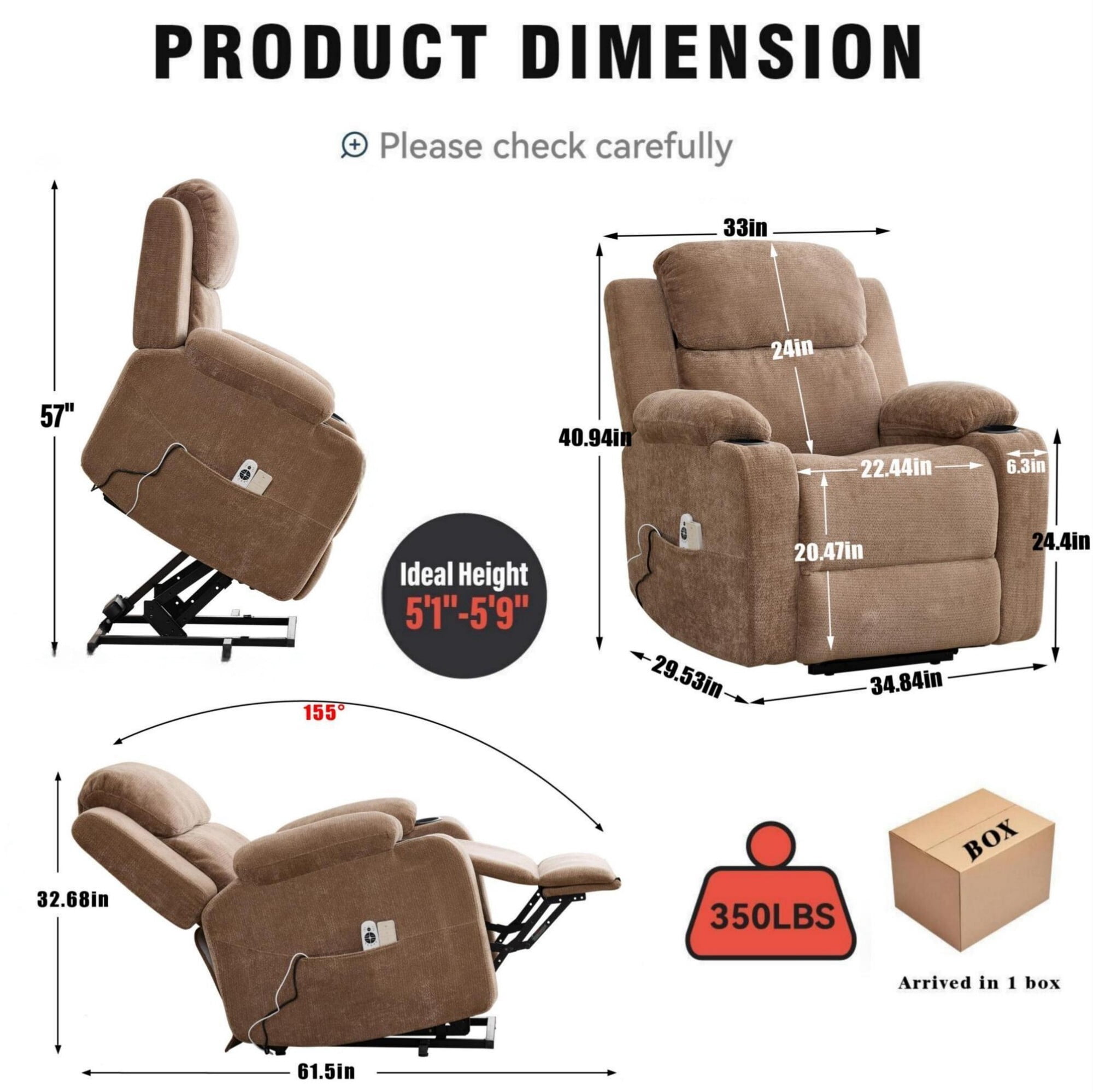 AENKYO Power Lift Recliner Chair with Massage & Heat, Adjustable Backrest & Footrest, Side Pockets & Cup Holders, Brown