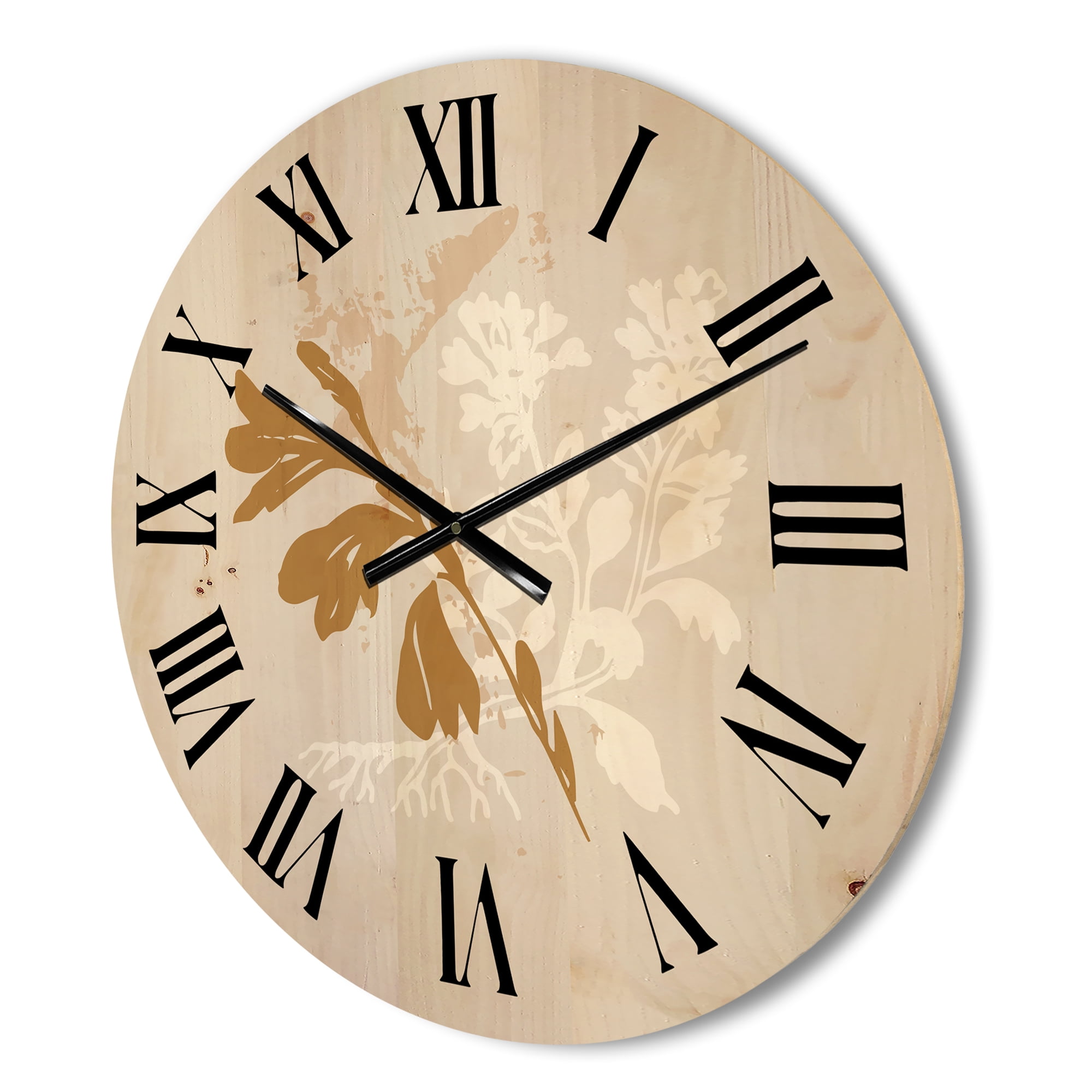 Designart 'Minimal Botanical Design In White and Brown' Traditional Wood Wall Clock
