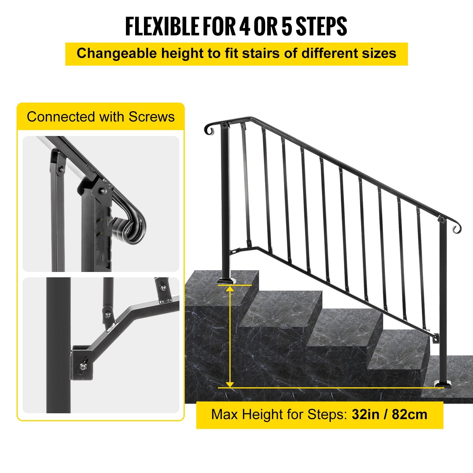 BENTISM Iron Handrail Picket 4 or 5 Steps Stair Railing Hand Rail for Outdoor