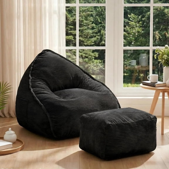 Bean Bag Chair for Adults with Ottoman, Oversized Floor Sofa for Living Room, Gaming, Lounging, Napping (Black)