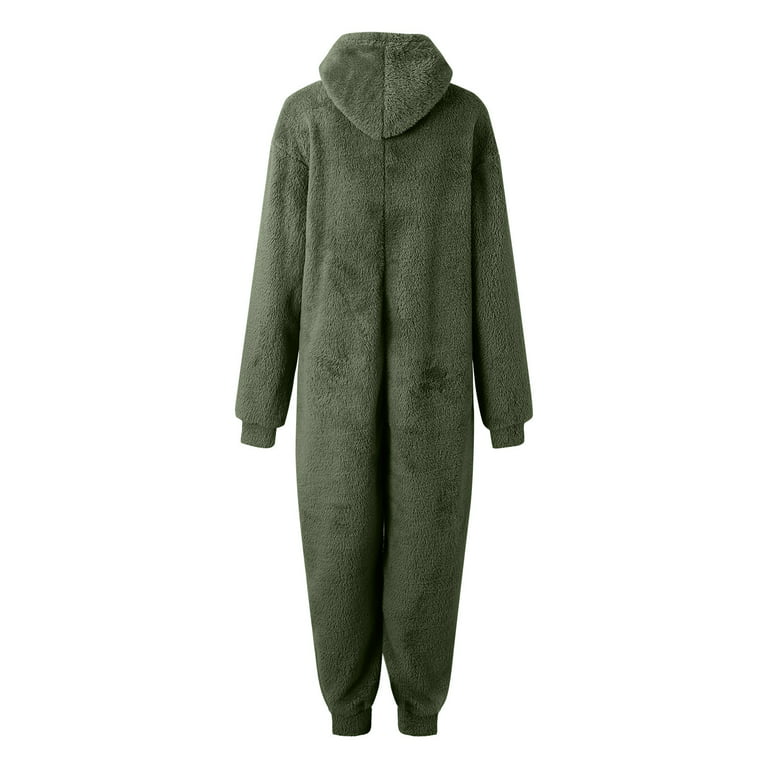 AherBiu Plus Size Jumpsuits for Women Winter Pajamas Fleece Fluffy Half Zip  up Hooded One-Piece Sleepwear 