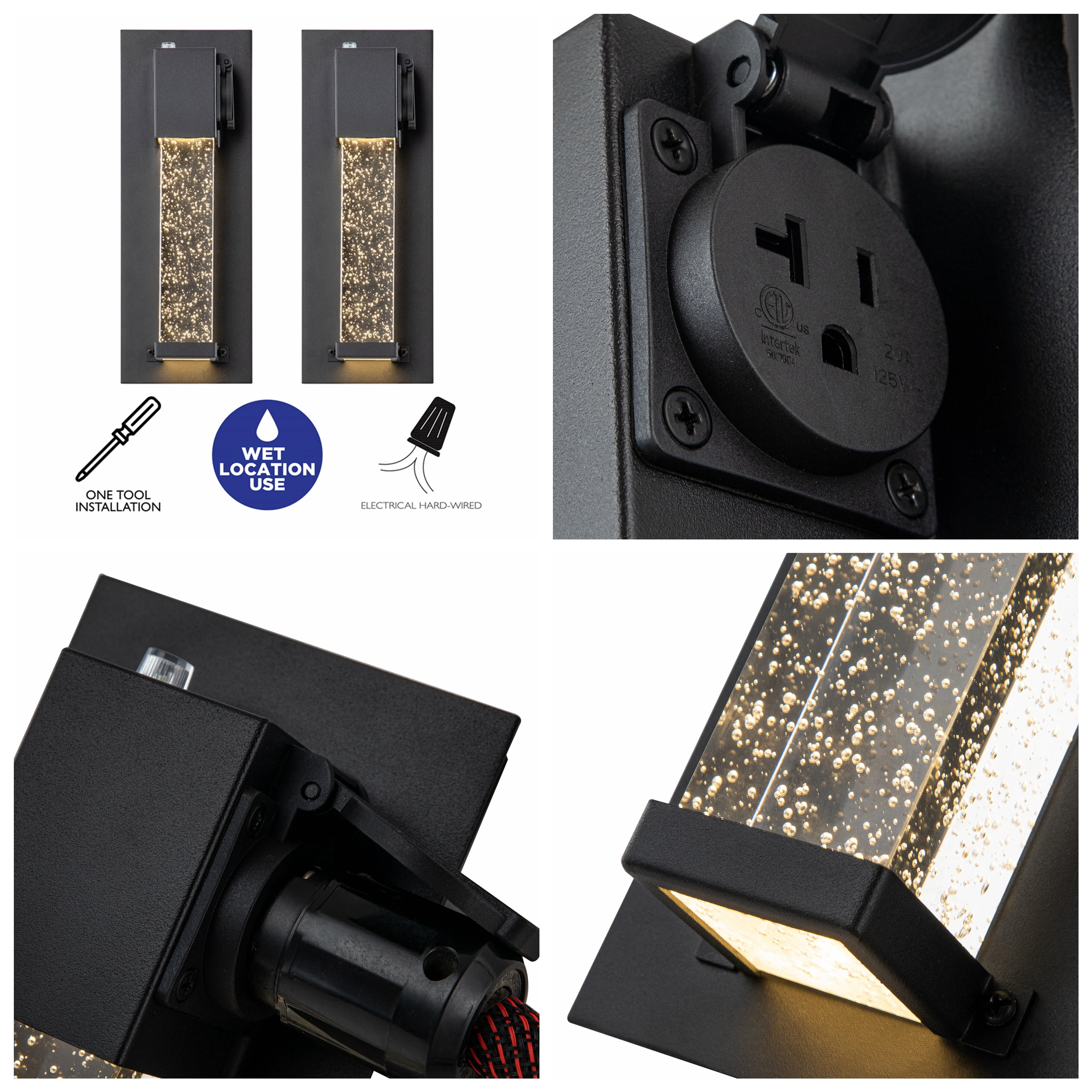 C Cattleya 2-Pack Matte Black Dusk to Dawn LED Outdoor Wall Light with Outlet and Clear Bubble Glass