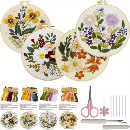 All-in-One Beginner Embroidery Kit with Patterned Cloth Hoop Thread & Guide | 4 Complete Sets for Crafting | Embroidery Cross Stitch & Needlepoint Starter Kit