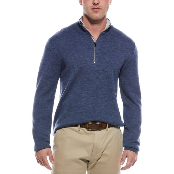 Magaschoni mens Merino Wool-Blend 1/4-Zip Mock Neck Sweater, l, Blue