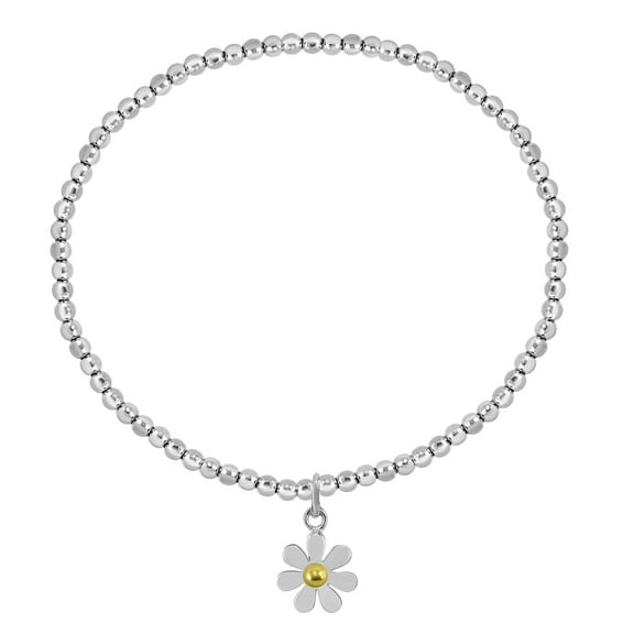 Adorable Daisy Floral Charm on Sterling Silver Beaded Stretch Bracelet