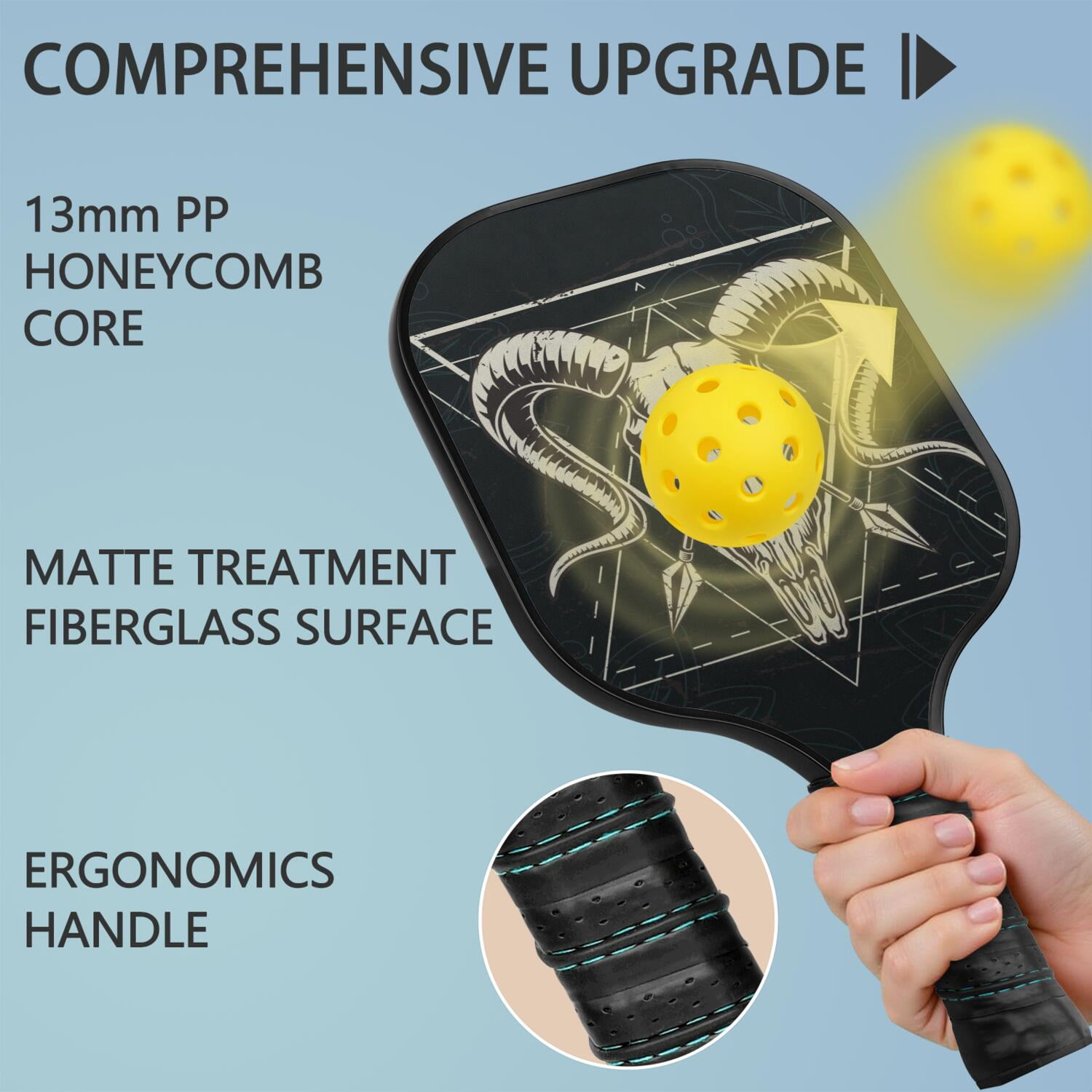 Pickleball Paddles Set Of 2, Fiberglass Surface, Skull & Cool Style, 4 Balls & Bag