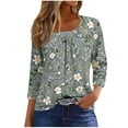 thumbnail image 2 of kttectoa Loose Pleated Ornamental Button Tunic Tops Womens Summer Tops Floral Graphic Blouse Square Neck 3/4 Sleeve Tee Tops for Ladies Delightful Street Wear, 2 of 5