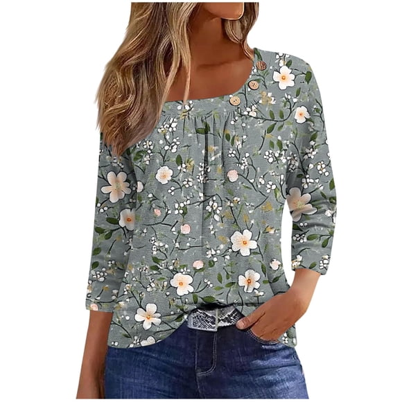 Blusas para las Mujeres Casual, 3/4 Manga Floral Estampado Camiseta de Moda Top Hecho de Poliéster Transpirable Suave para el Uso Diario de Primavera Otoño, Tops de Blusa para las Mujeres