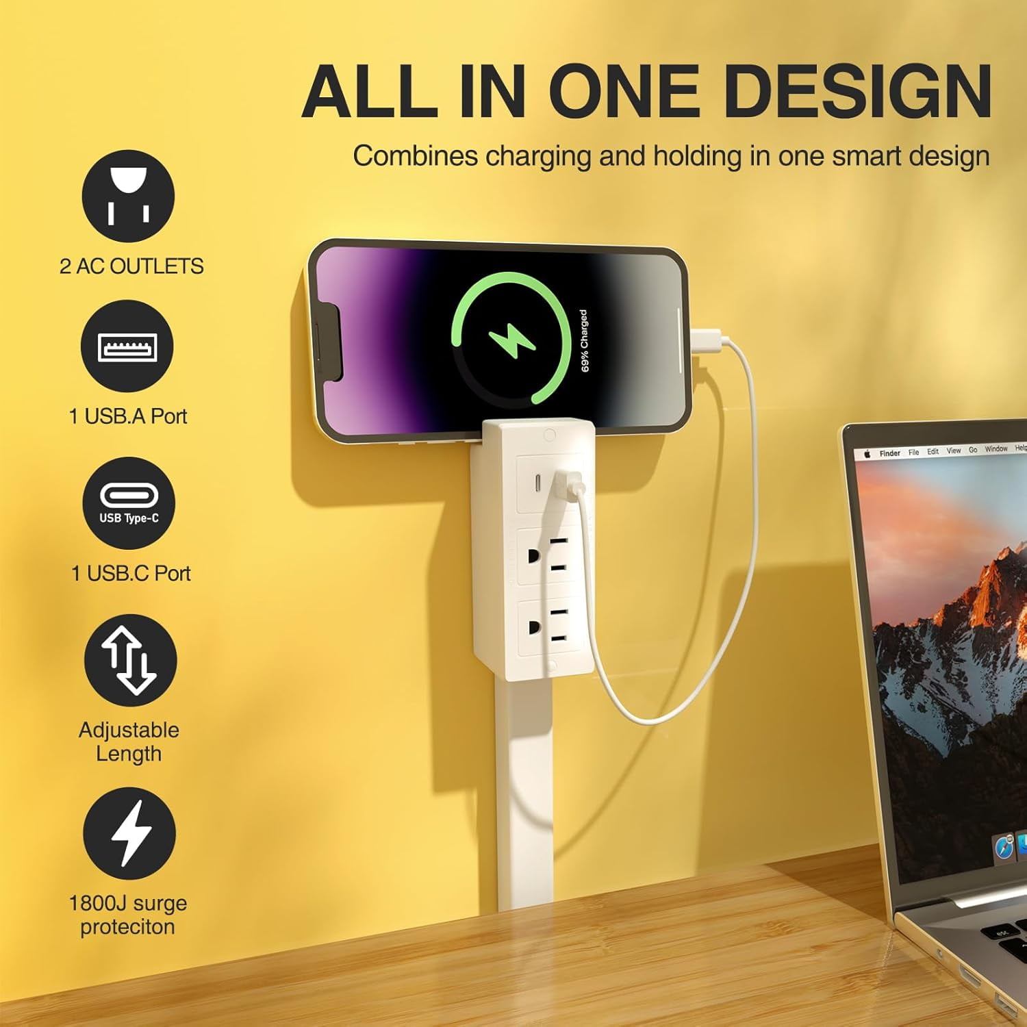 Electrical Outlet Extender Features USB-A, USB-C, and 2 AC Electrical Outlet Extender Stick for Hard to Reach Spaces Extends 22"-34", Rotates 180°. Use Behind Couches, Nightstands, Desks, and More