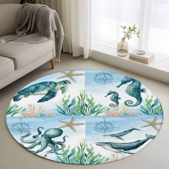 Coastal Round Area Rug 3 FT, Small Kitchen Bathroom Mat, Ocean Turtle Seahorse Octopus Whale Beach Starfish Washable Indoor Outdoor Throw Runner Carpet Doormat for Table Shower Sofa Entryway