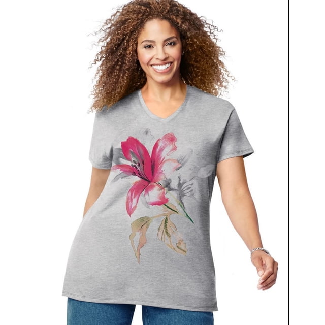 Just My Size Womens Short Sleeve Graphic Tee, 2X, Tropical Flower Light Steel