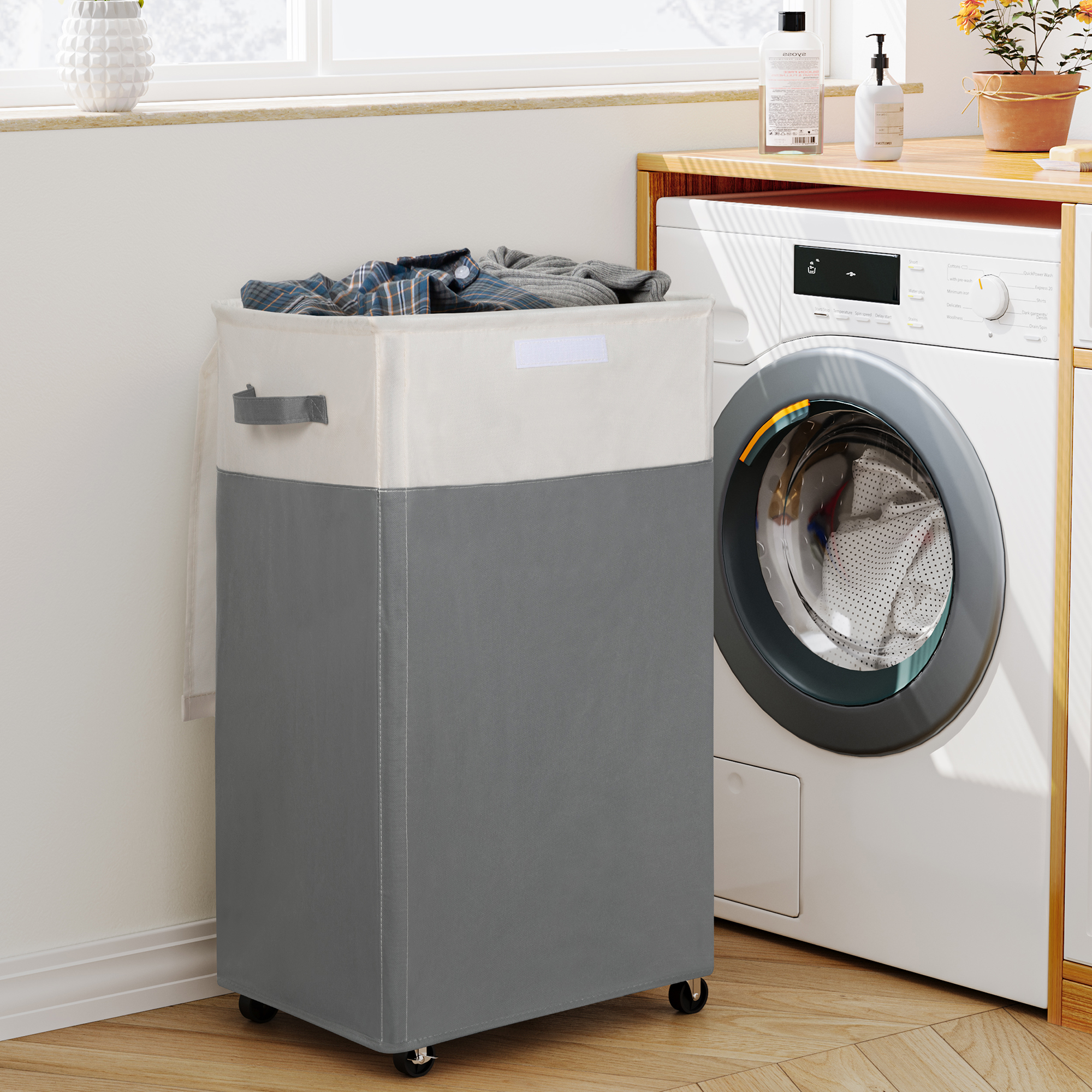 BGTREND 90L Rolling Laundry Hamper with Lid, Gray & Beige photo 2