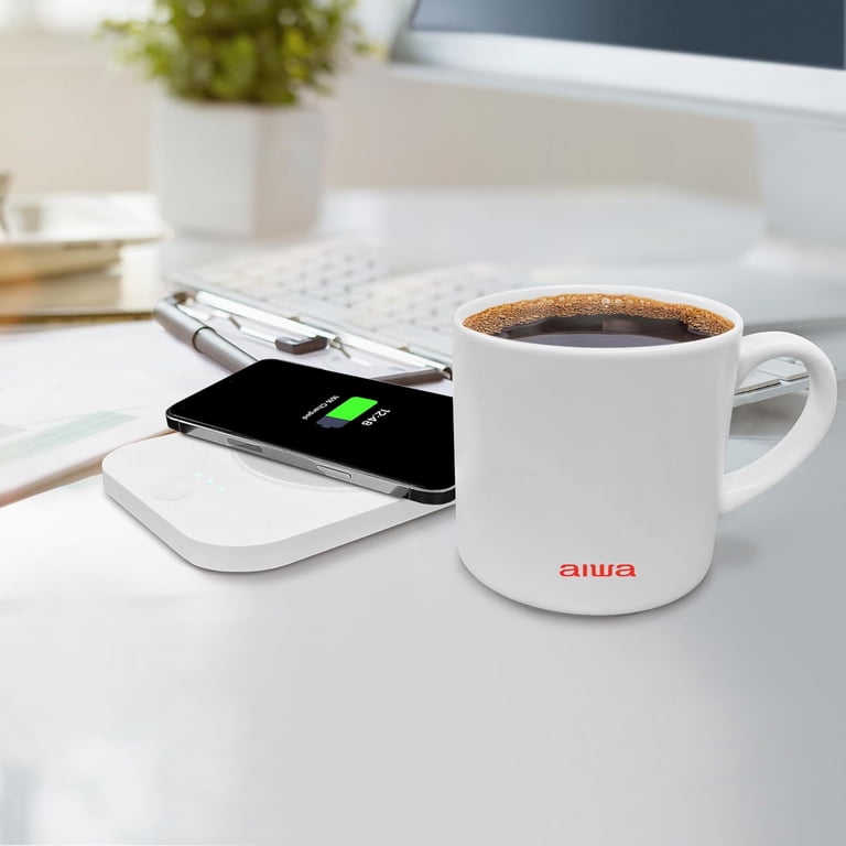 Aiwa 2-in-1 Smart Coffee Mug Warmer and 15W Wireless Phone Charger with Ceramic Mug and Lid, White