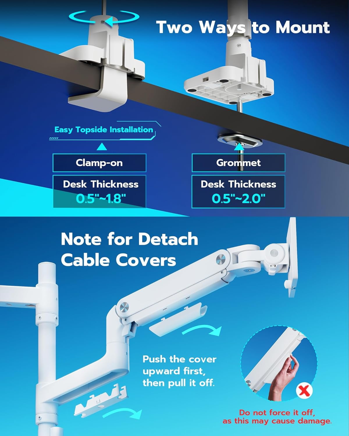 ARES WING Dual Monitor Arm with USB for 17"-49" Ultrawide Screens, Heavy Duty Vertical Gas Spring Dual Monitor Mount for Desk, Adjustable Stacking Double Monitor Stand, VESA 75x75 100x100, White