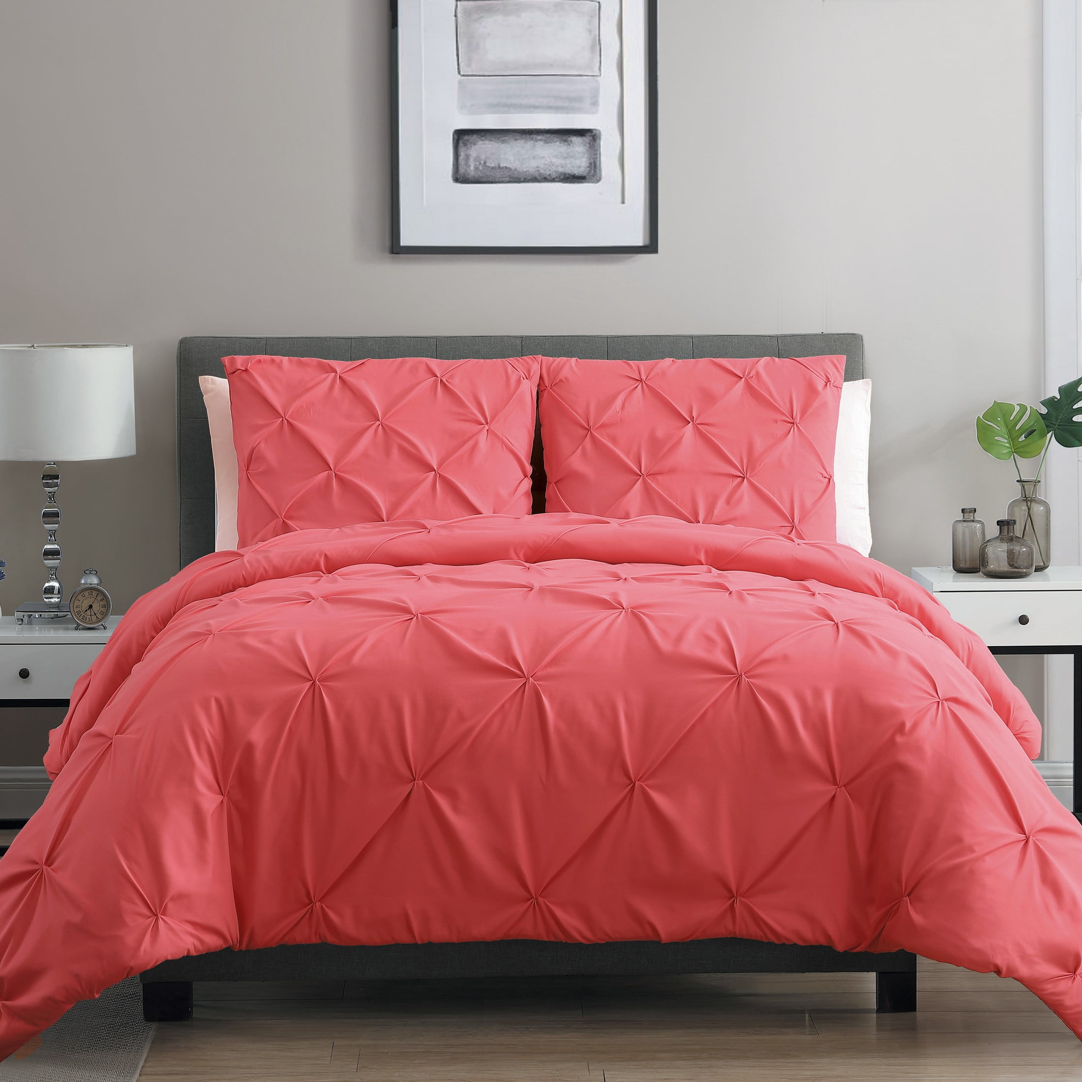 Plain Duvet Quilt Cover Bedding Set with Pleated Pintuck Border in 2 colours 