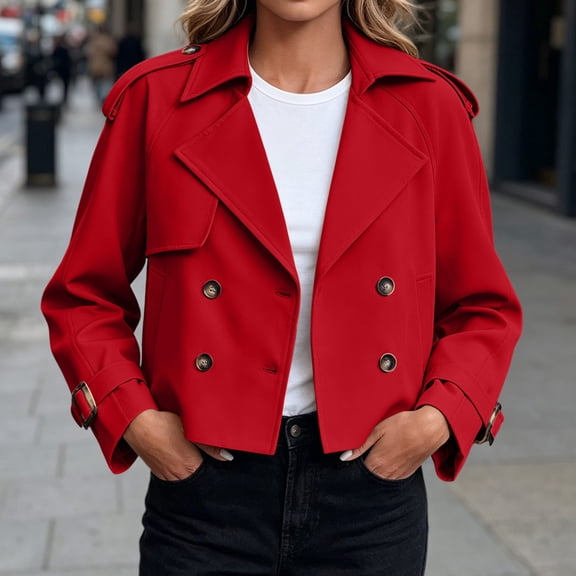 IUYRTFE Women's Cropped Double Breasted Trench Jacket with Pockets Long Sleeve Lapel Collar Casual Short Coat