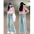 thumbnail image 4 of Girls Wide Leg Jeans Casual Spring Denim Pants Baggy Loose Elastic Waist Girlfriend Long Trousers Valentine's Day, Light Blue, 9 Years, 4 of 5