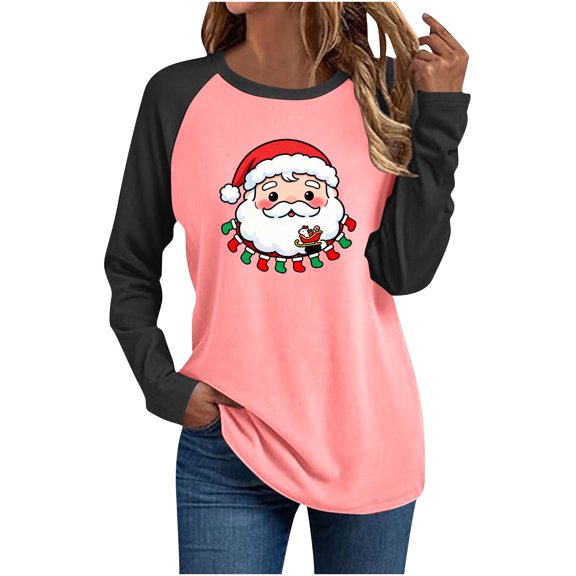Christmas Tshirts Women Funny Santa Claus Print Long Sleeve Shirt Black Raglan Blouse Crew Neck T-Shirt Holiday My Items