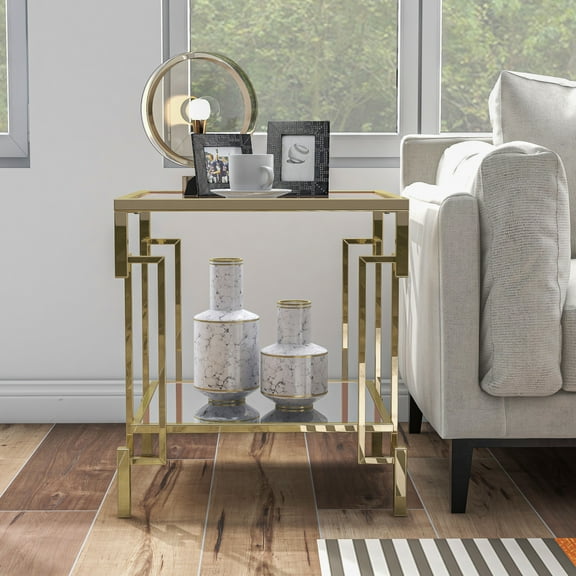 Furniture of America Triste 1-Shelf Glass Top and Metal Champagne End Table