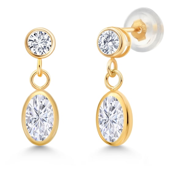 Gem Stone King 14K Yellow Gold White Moissanite and White Lab Grown Diamond Drop Dangle Earrings for Women (1.20 Cttw, Gemstone Birthstone, Oval 6X4MM, Round 3MM)