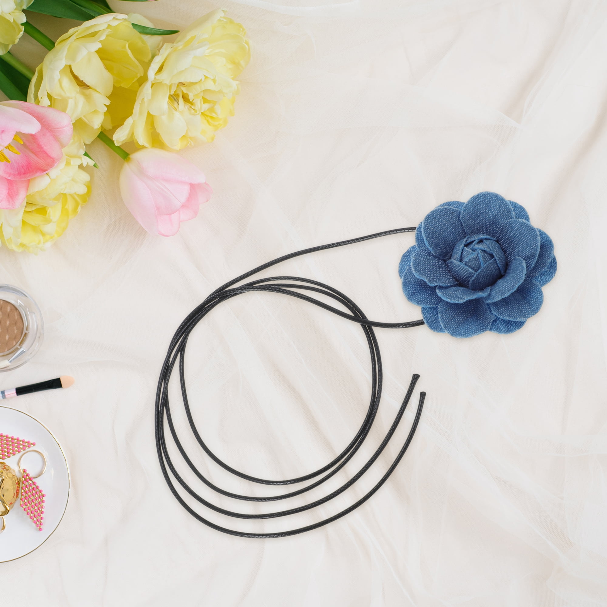 Unique Bargains Denim Flower Tie-Down Choker Necklace Light Blue 110cm