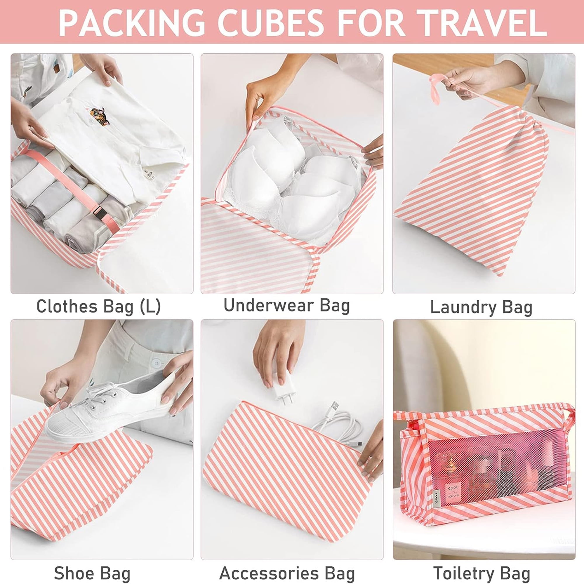 lEPECQ Packing Cubes for Travel, 8Pcs Travel Cubes Set Foldable Suitcase Organizer Lightweight Luggage Storage Bag, Pink