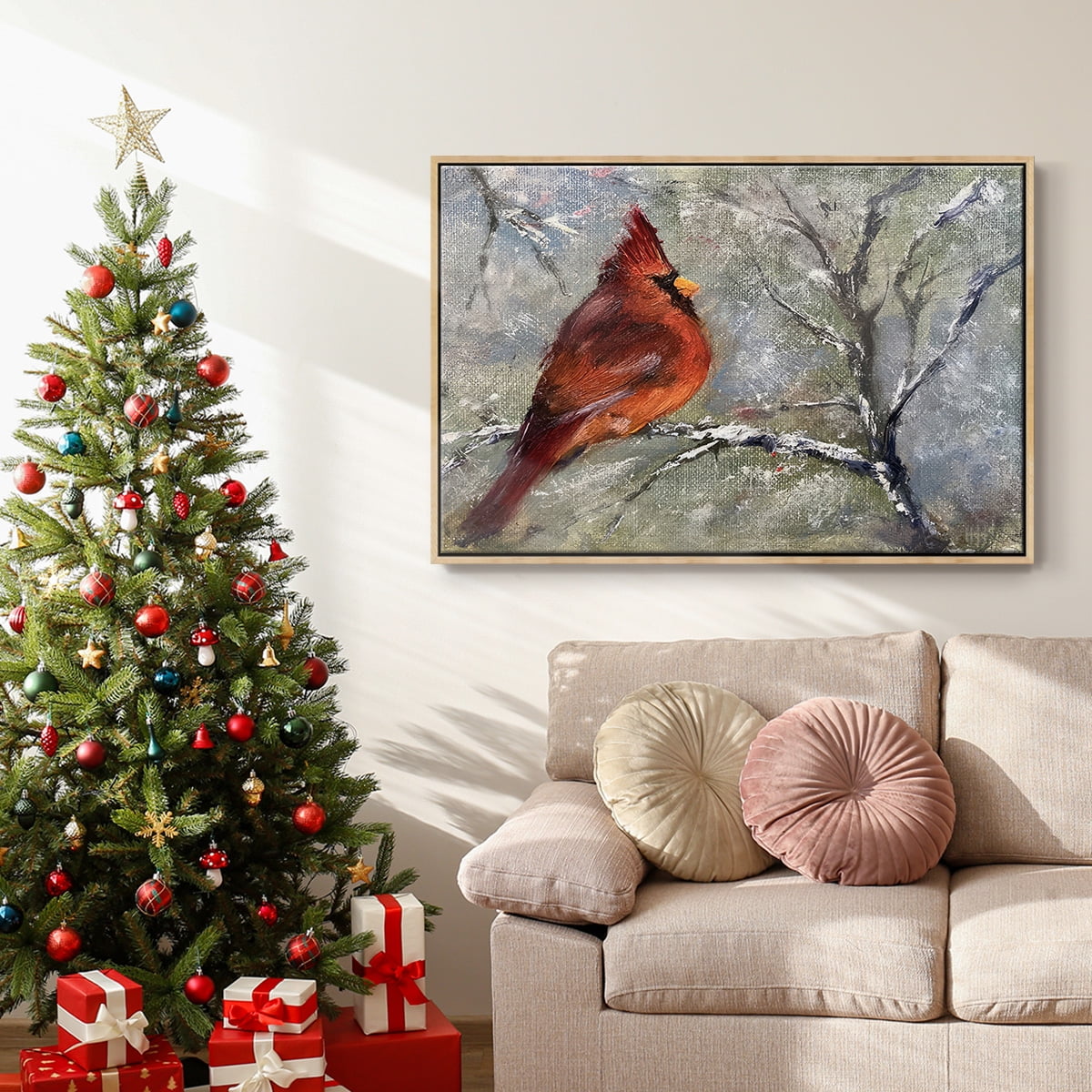 Cardinal in Snow II - Framed Gallery Wrapped Holiday Canvas - 25 x 37 - Natural Wood Frame