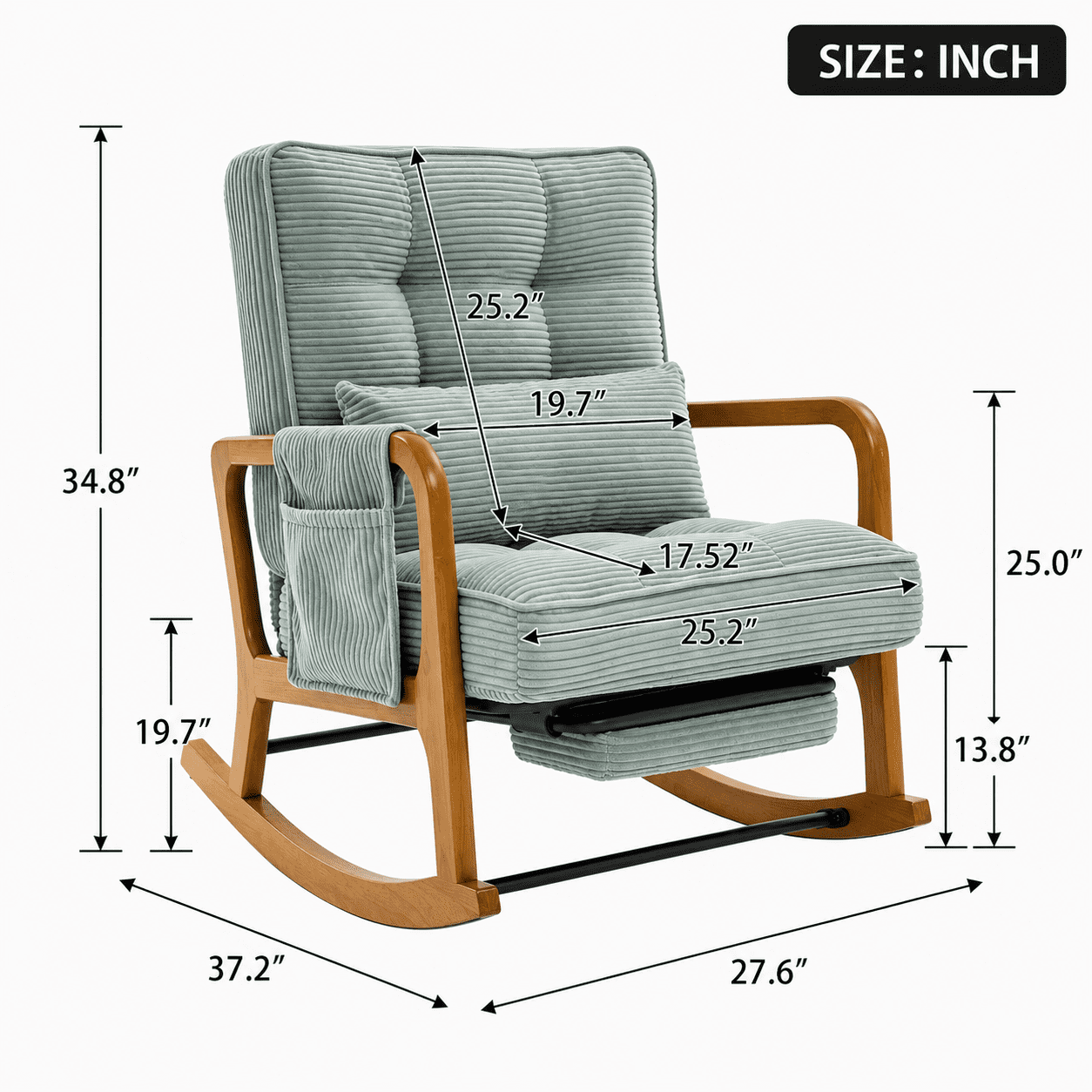 MOONMISS Rocking Chair with Footrest,Rocker Nursery Chair with Side Pocket,Glider Rocker,Accent Reading Chair for Living Room,Mint Green