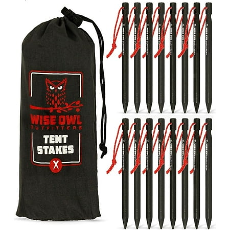 Wise Owl Outfitters Tent Stakes - Heavy Duty Camping Stakes for Outdoor Tent & Tarp - Essential Camping Accessories Available in 12pk or 16pk Black
