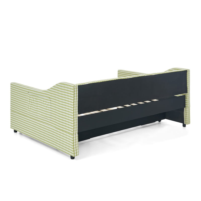 Full Size Daybed with Pop Up Trundle, Gingham Upholstered Daybed Frame with Tufted Button Backrest and Side Storage Pocket, Modern Sofa Bed for Living Room Bedroom