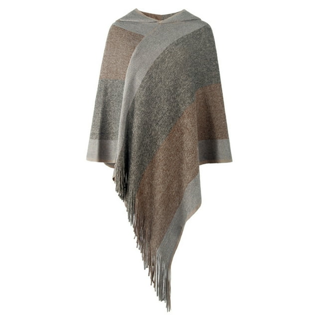 Qarigey Poncho de invierno para mujer, Jersey de punto a rayas con capucha, chal, fiesta, viaje, fiesta en la playa, accesorios para fotos, bufanda para Abrigos y chamarras Caqui Qarigey AP013309-05