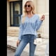thumbnail image 4 of Blusas de Punto Gofre para Mujer, Camisas de Larga con Cuello en V, Blusas Casuales Elegantes, Conjuntos de Otoño 2025 Azul S, 4 of 10