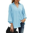 thumbnail image 1 of Blouse Three Quarter Lantern Sleeve Button Chiffon Pure Color Casual Tops for Women Sky Blue XXL, 1 of 5