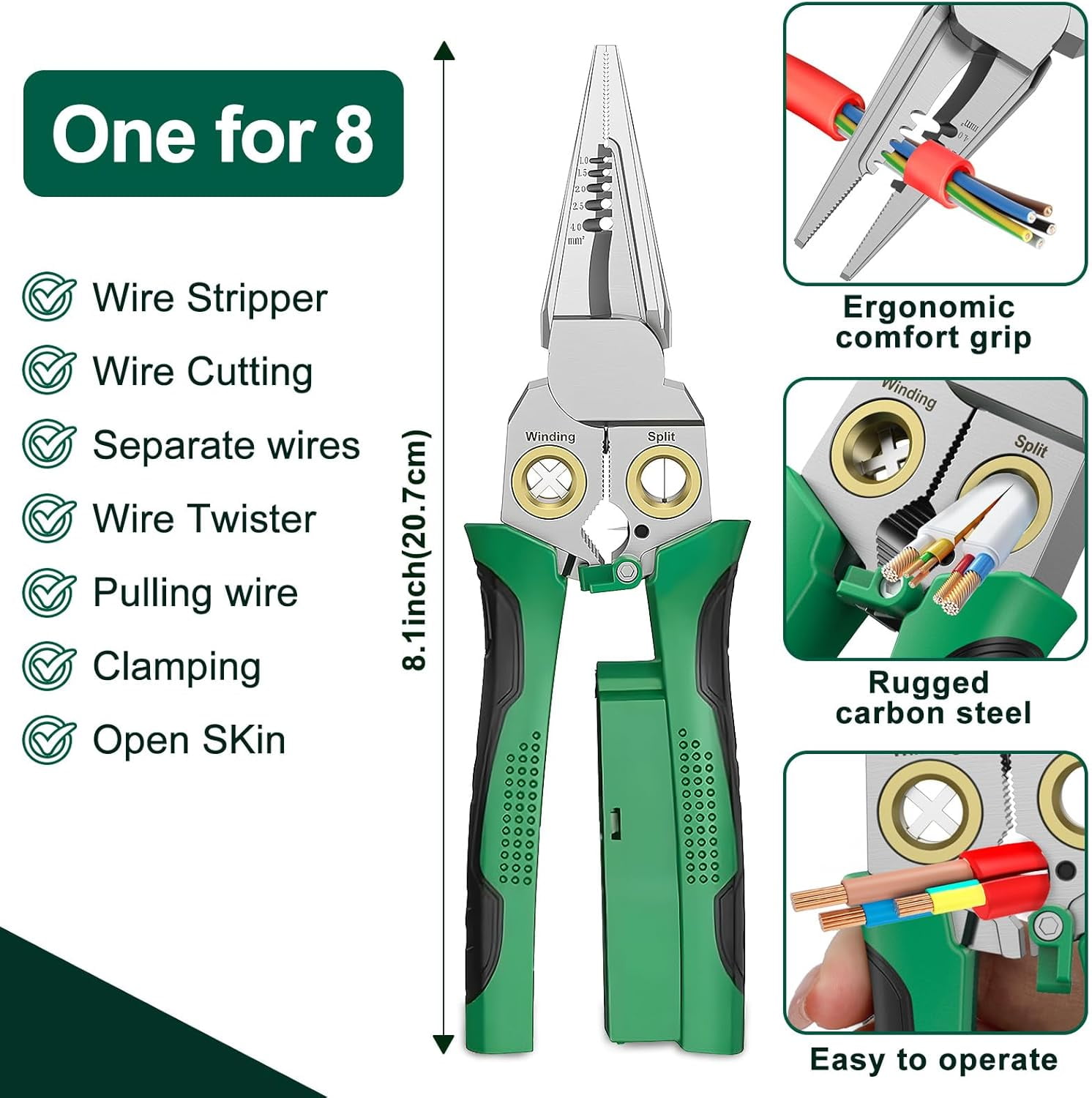 8-in-1 Wire Crimper Stripper with Voltage Detector & Dual Alarms – Heavy Duty 12‑250V AC/DC Tester for Hot/Neutral Wires, Electrician, HVAC, Car Repair Tool